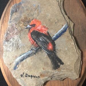 Hand Painted Red Black Bird on Slate - Artist Signed